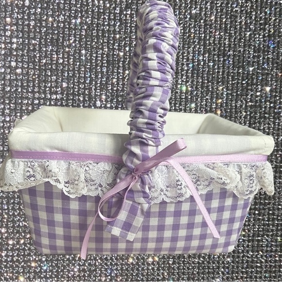 Picnic basket 60’s vintage gingham cute bows purple white lace floral cabincore - Picture 5 of 5